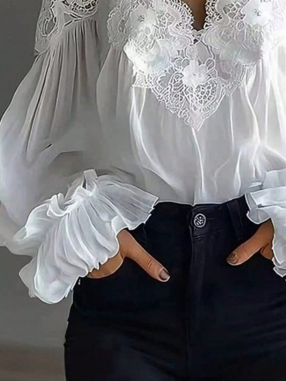 White Casual Women's Lace Trim V-Neck Chiffon Blouse - Picture 4 of 4